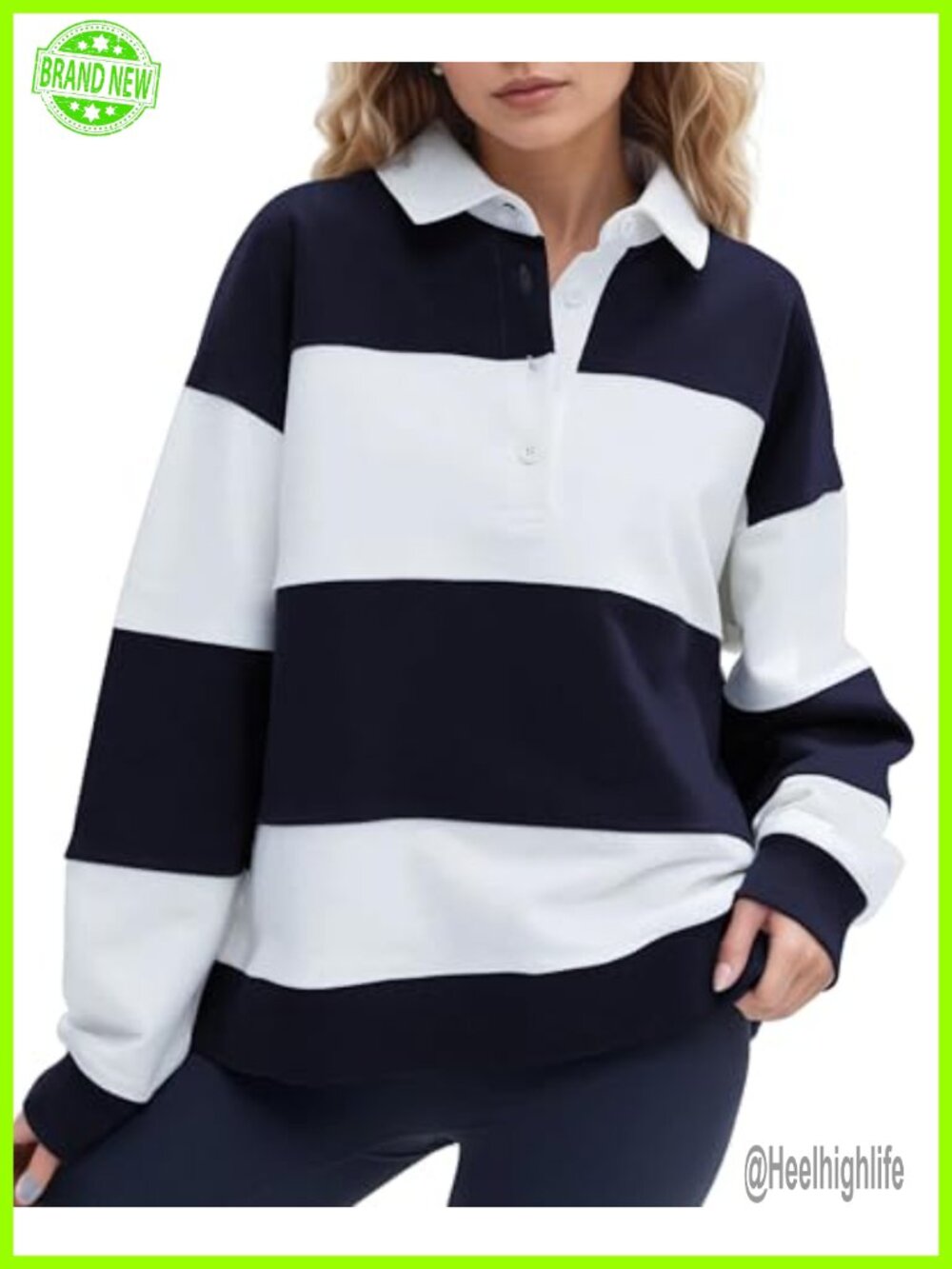 Oversized Striped Polo Sweatshirt Color Block Collared Pullover Long Sleeve